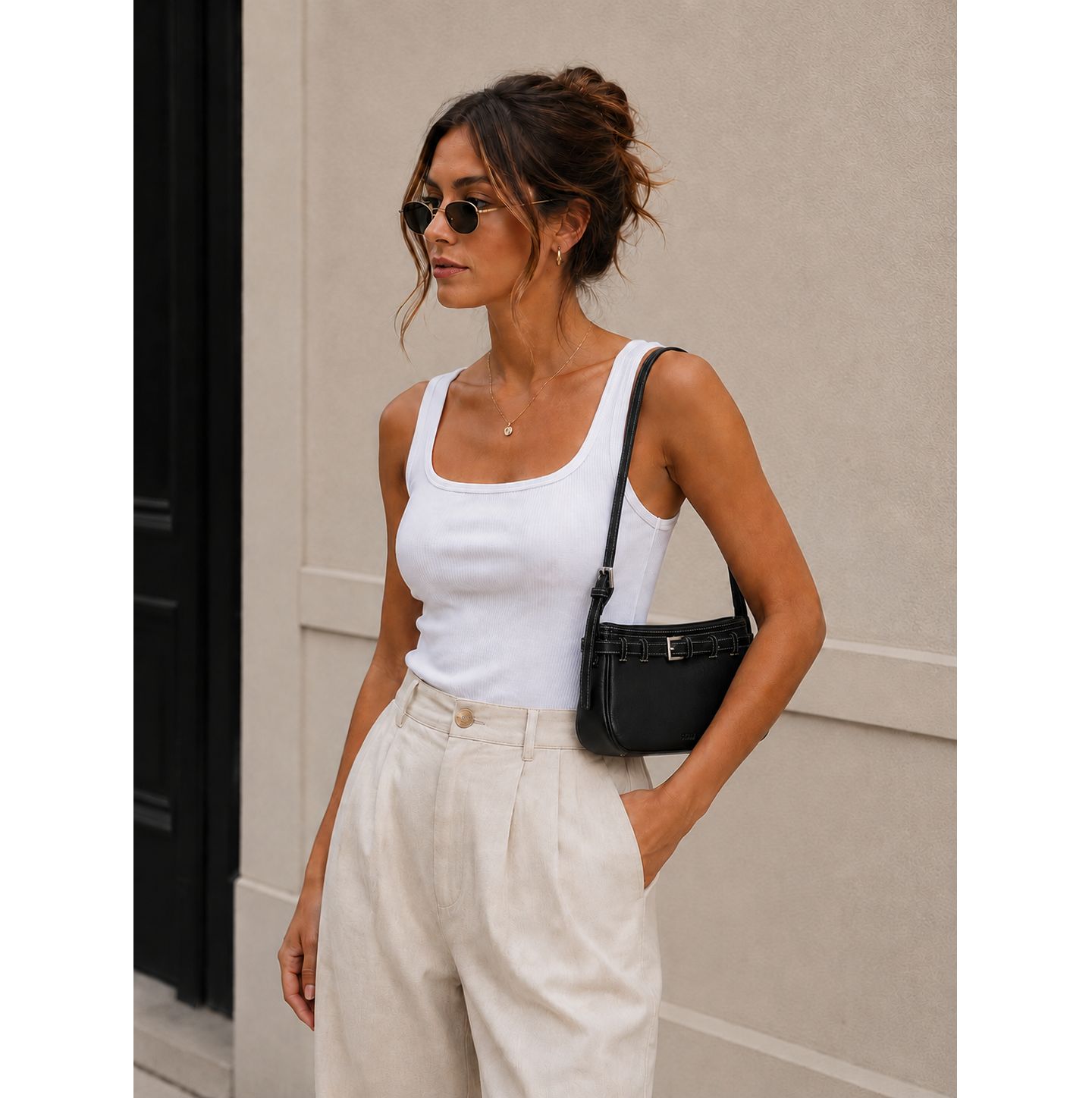 Женская сумка SUSU Sloane Leather Shoulder Bag for Women Convertible Crossbody Purse Small Belt Detail Handbag, цвет: Чёрный / Оникс чёрный — фото 3