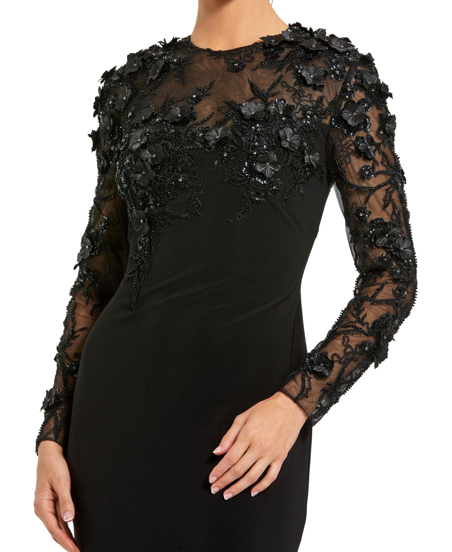 Petite Jersey Long Sleeve Fitted Gown With Floral Beading