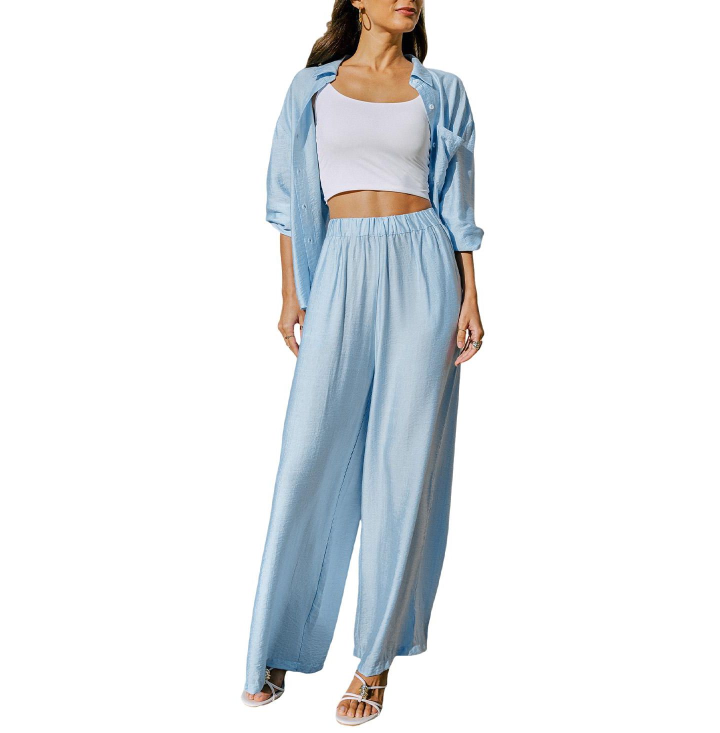 Женский комплект Cupshe Wide-Leg Long-Sleeve Collared 2-Piece Pant Set, цвет: Пастельный синий — фото 3