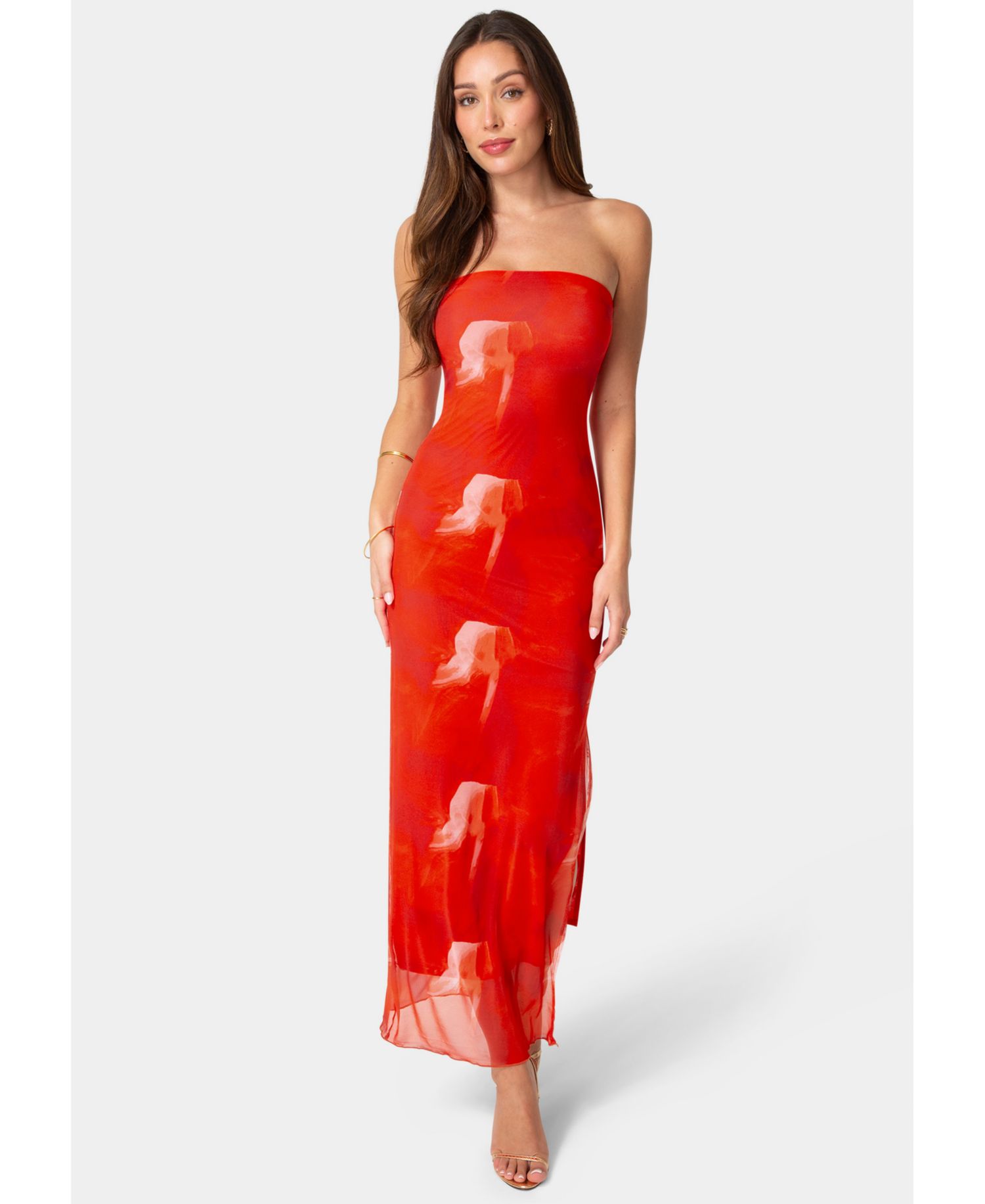 Women's Printed Mesh Strapless Maxi Dress