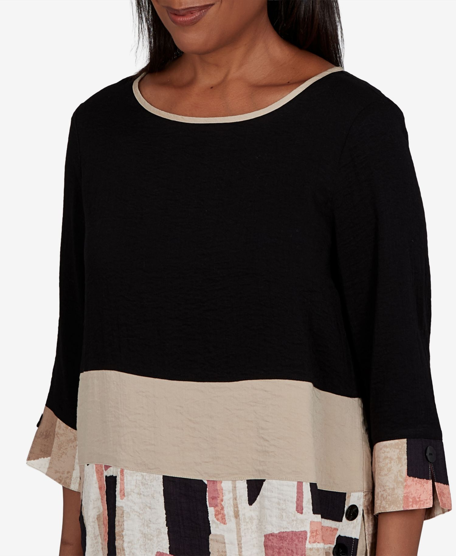 Petite Travel Advisory Patchwork 3/4-Sleeve Woven Blouse
