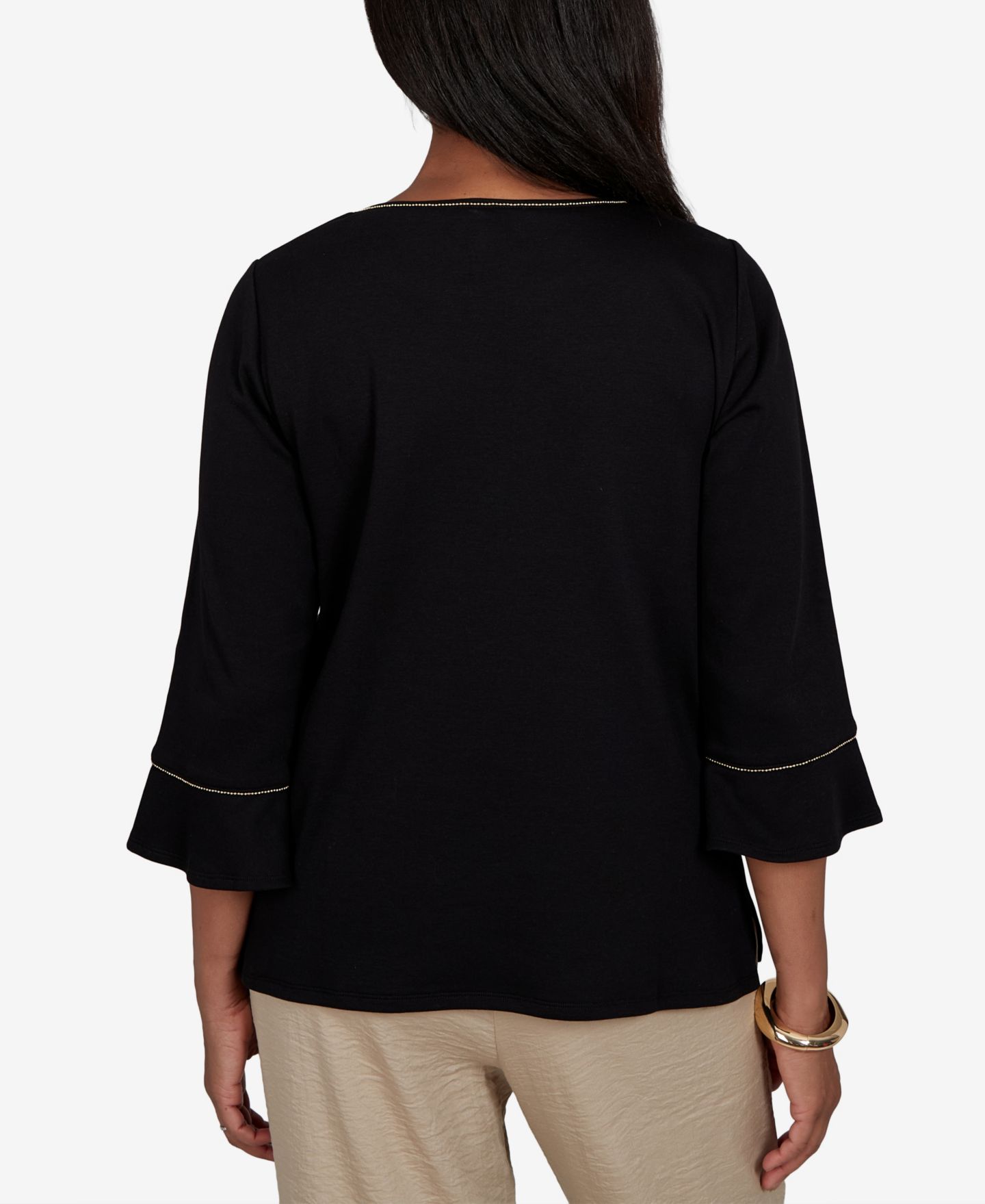 Женский топ Alfred Dunner Petite Travel Advisory Scroll Leaf Embroidered 3/4 Sleeve Crewneck, цвет: Эбеновый — фото 5