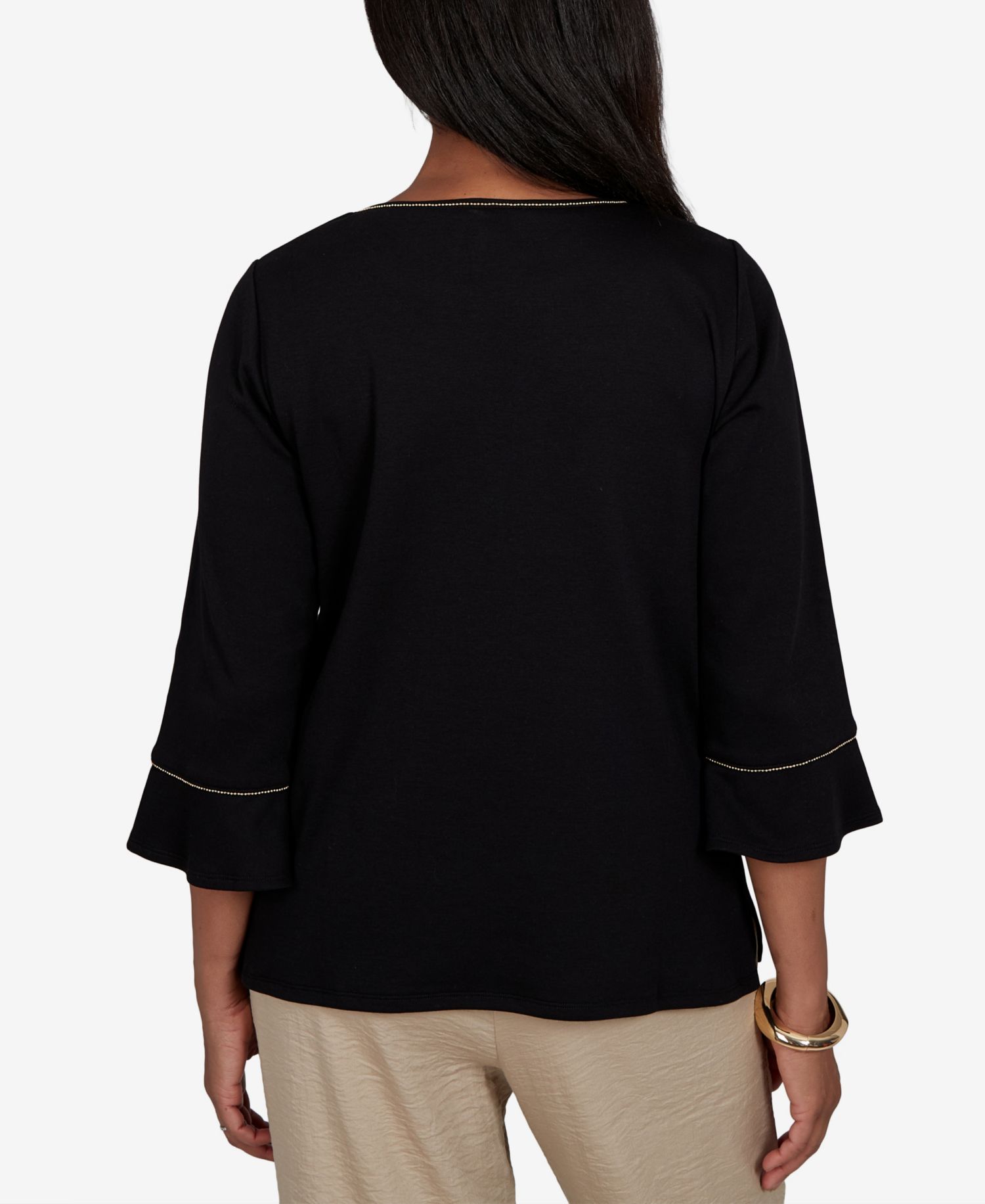 Petite Travel Advisory Scroll Leaf Embroidered 3/4 Sleeve Crewneck Top