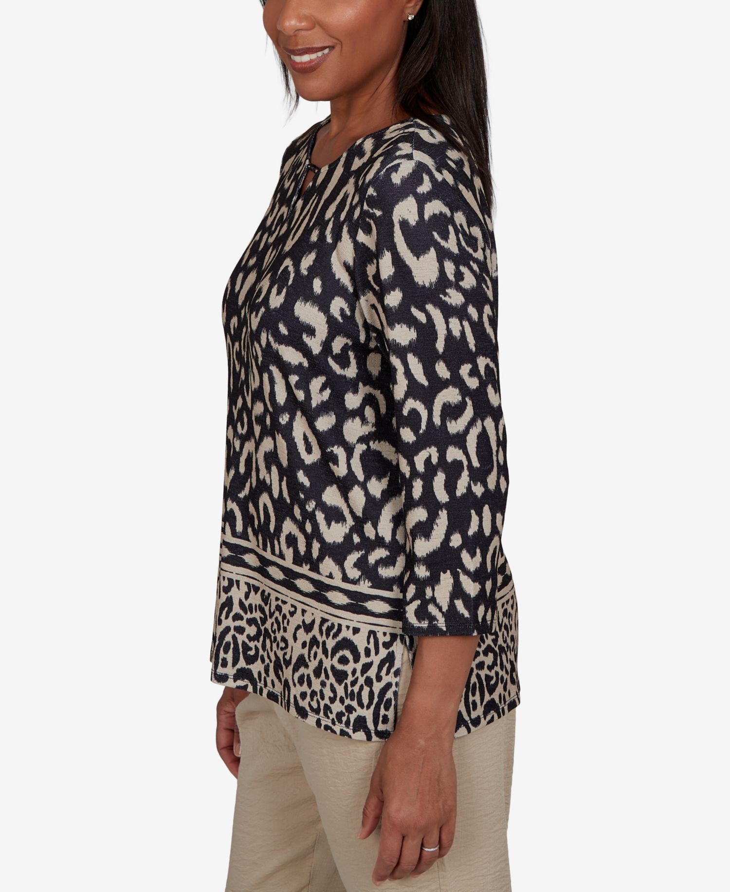 Petite Animal-Print Split-Neck 3/4-Sleeve Top