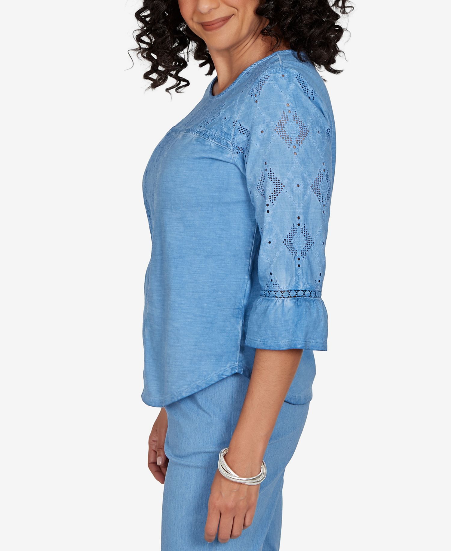 Petite Provence Tonal Diamond Applique Crewneck 3/4-Sleeve Top