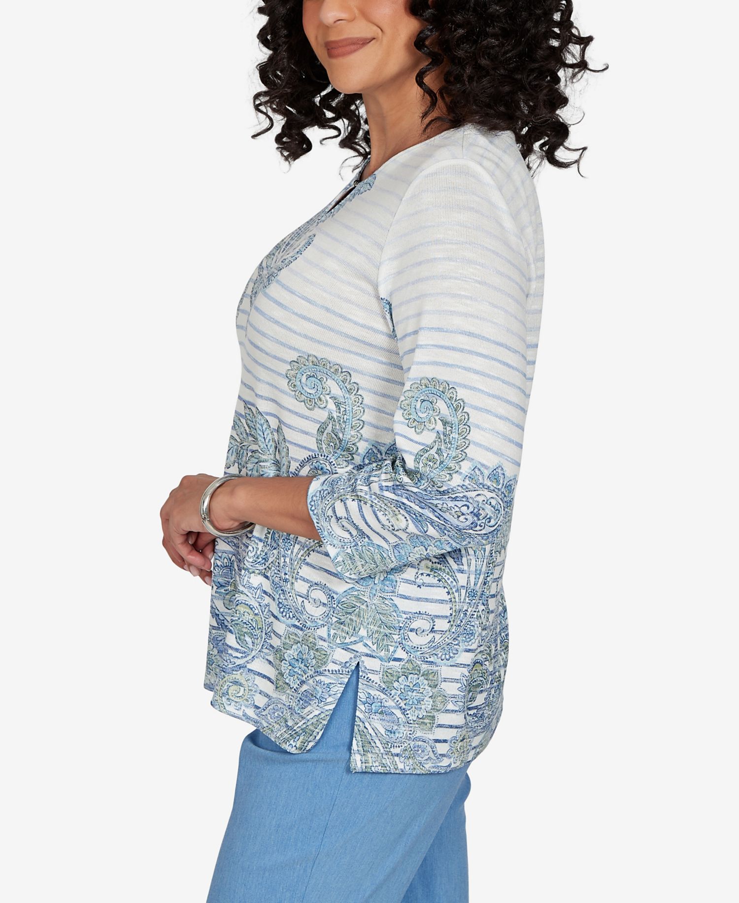 Petite Provence Paisley Stripe Split Neck 3/4 Sleeve Top