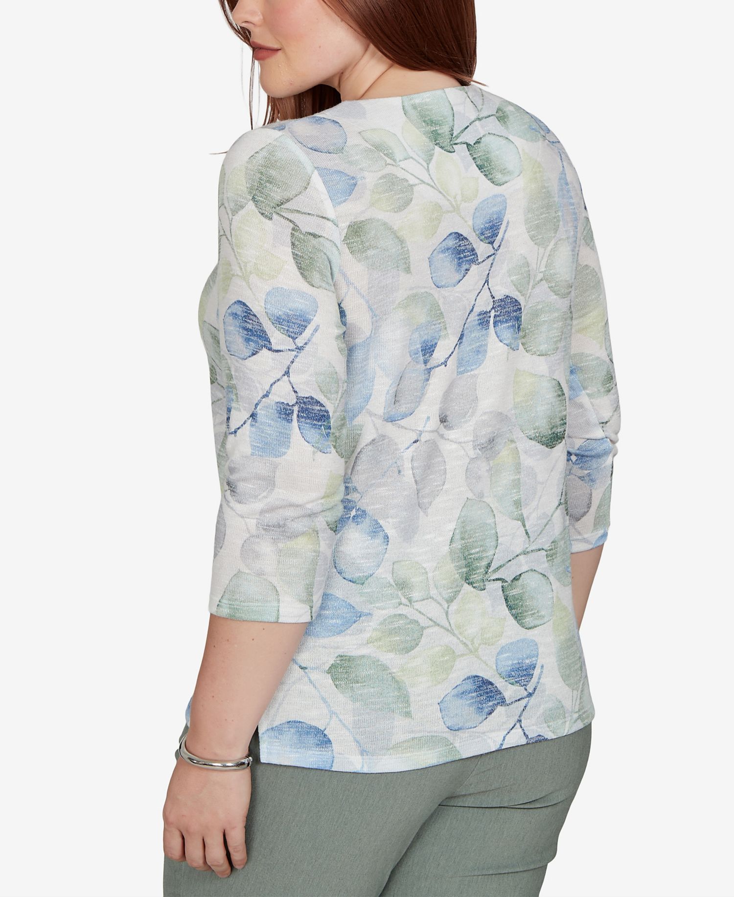 Petite Provence Watercolor Leaf Print 3/4 Sleeve Top