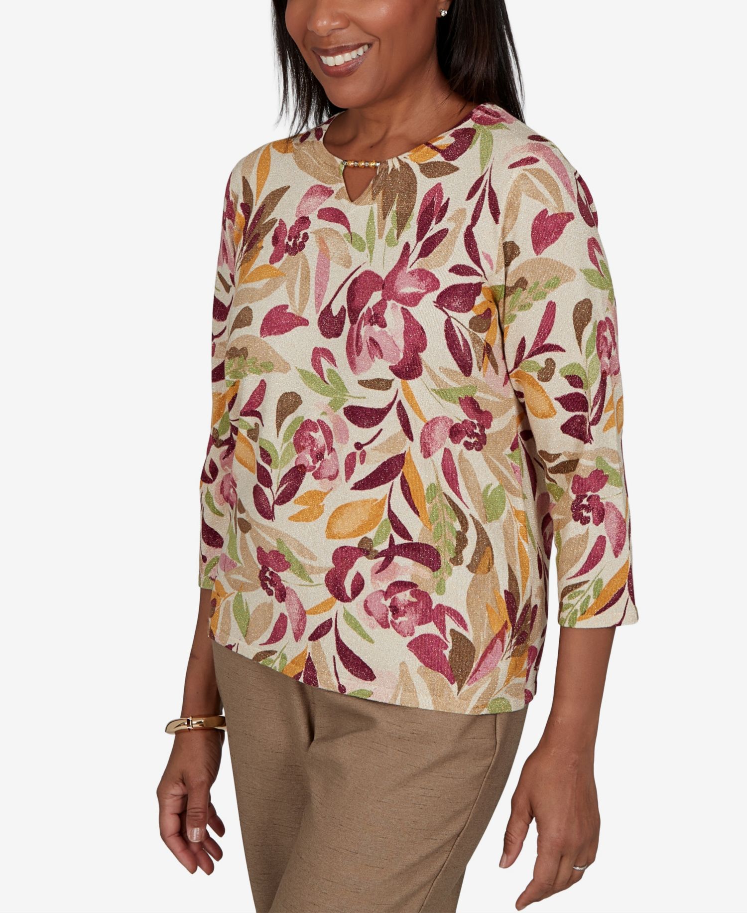 Petite Union Square Painterly Floral-Print 3/4-Sleeve Sweater