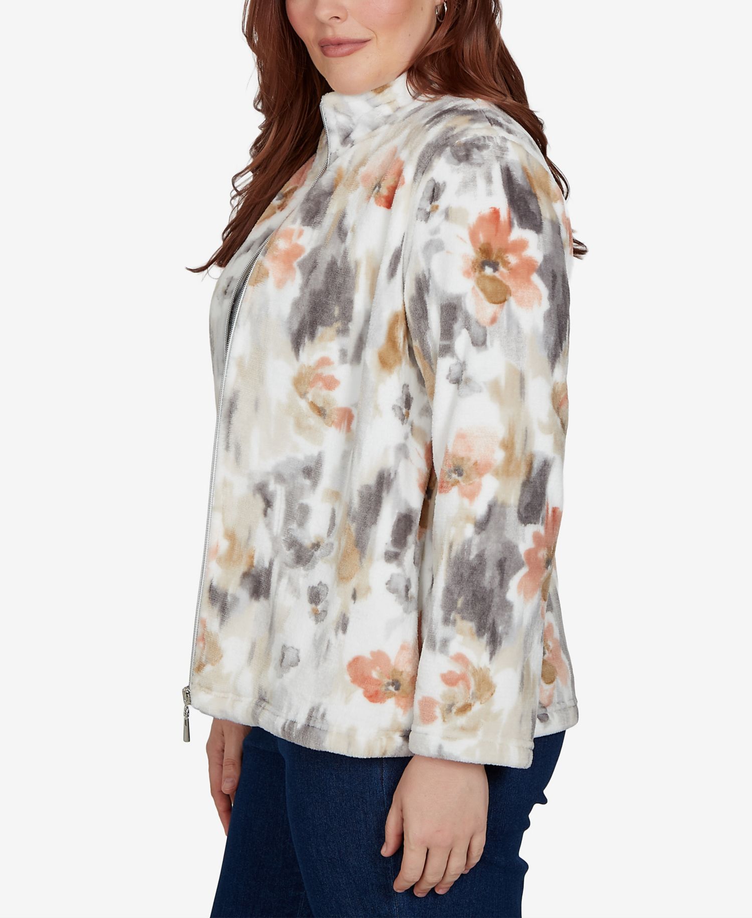 Petite Watercolor Floral Fleece Stand Collar Jacket