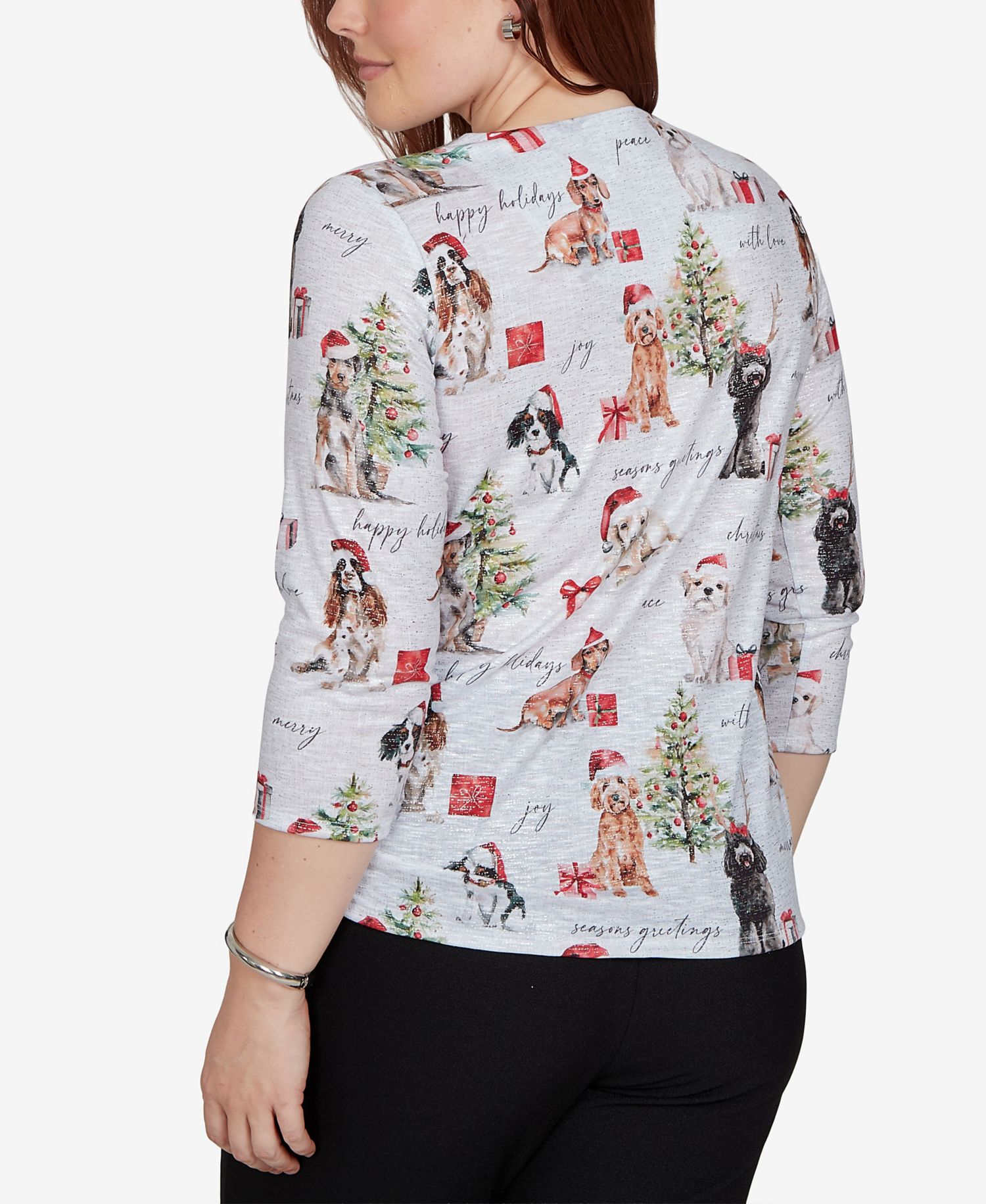 Petite Classic Gift Giving Dogs Holiday 3/4 Sleeve Knit Top