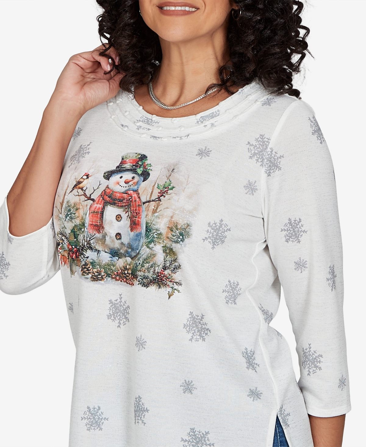 Alfred Dunner Petite Classic Shimmering Snowman Knit Top