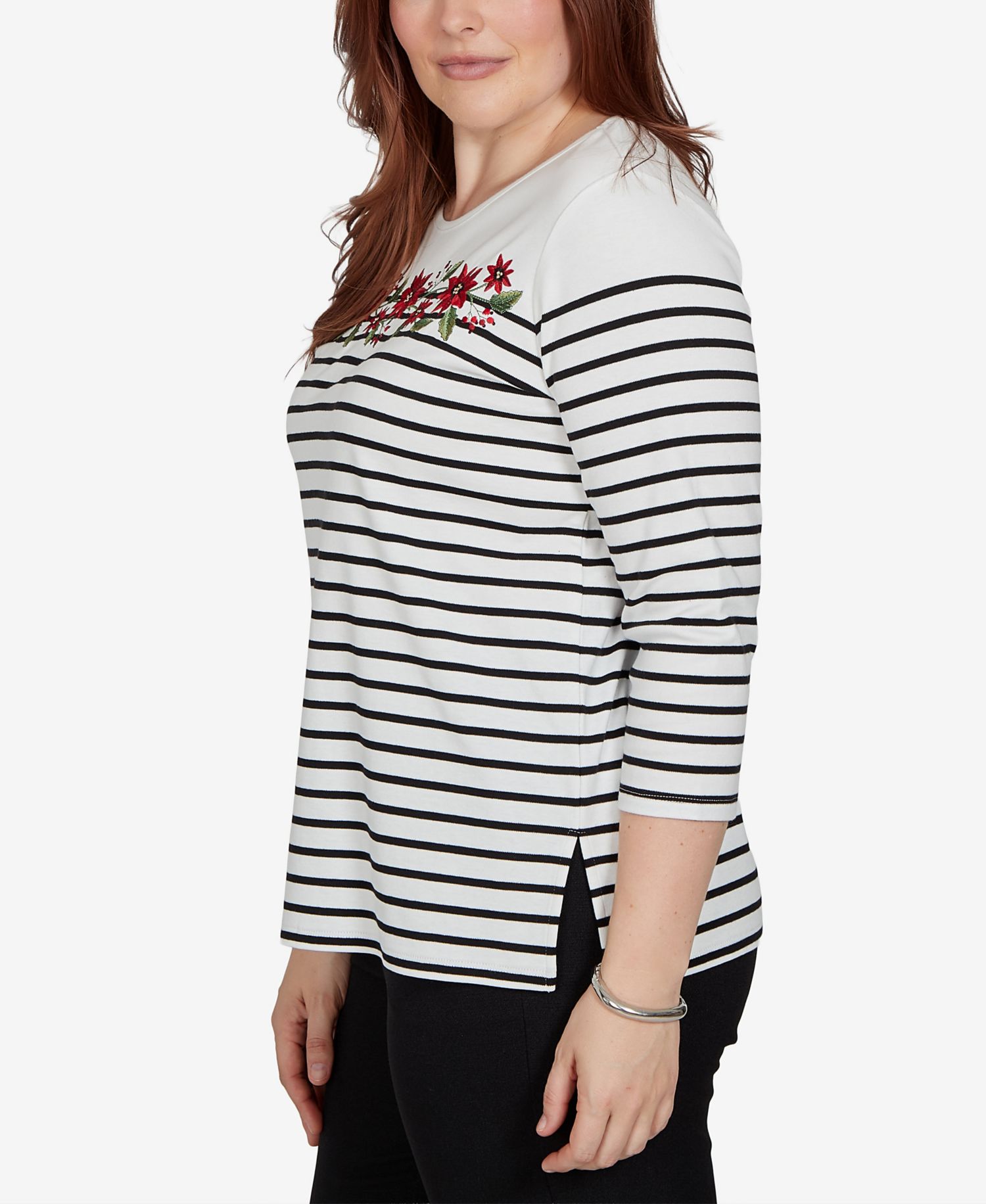 Petite Poinsettia Stripe 3/4 Sleeve T-Shirt