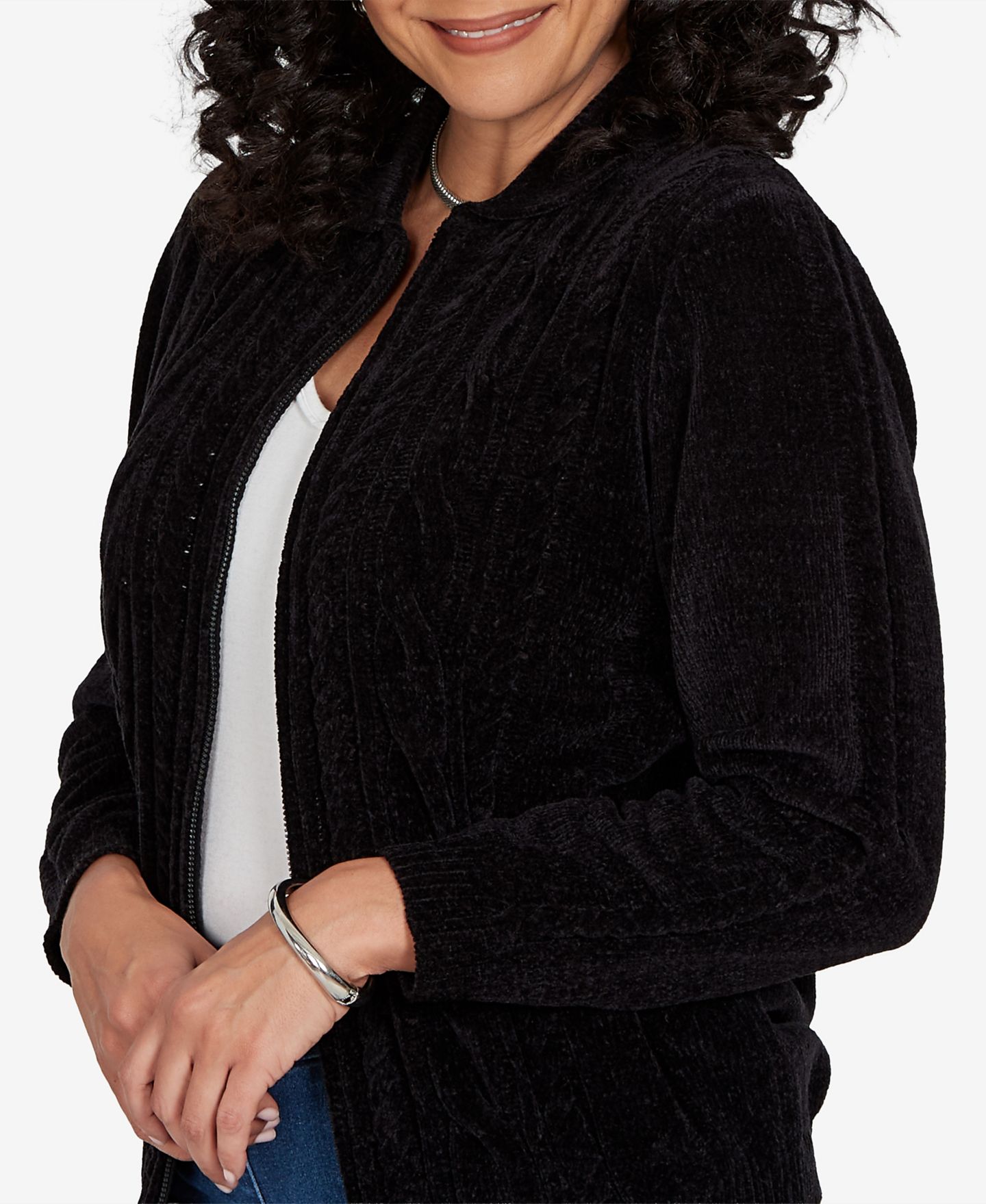 Женский кардиган Alfred Dunner Petite Cable Knit Full-Zip Collared, цвет: Чёрный — фото 4