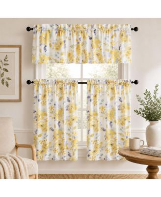 3 Piece Belissima Watercolor Floral Cafe Kitchen Curtain Tier and Valance Set