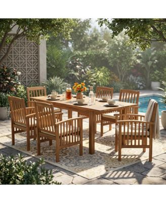 7 Piece Acacia Wood Outdoor Dining Set, Expandable Dining Table with 6 Cushioned Chairs