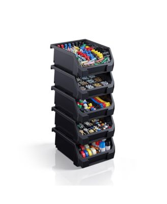 Small Open Front Stackable Garage Storage Bin - Heavy Duty Plastic Organizer Tote for Tools, Hardware and Shelving