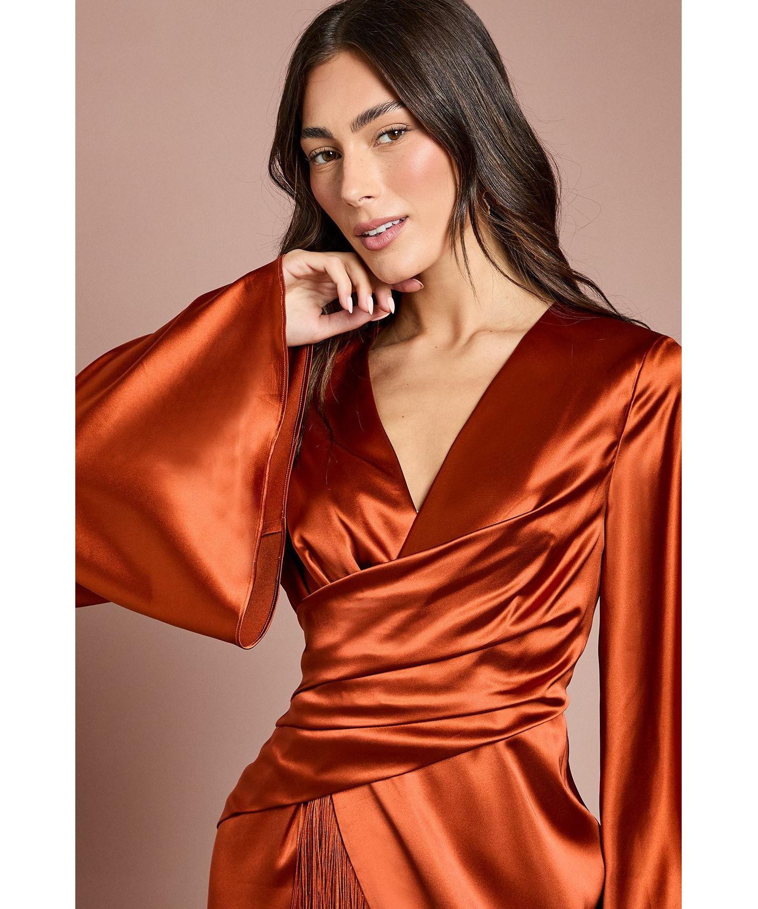 Women's Satin Fringe Hem Wrap Midi Dress