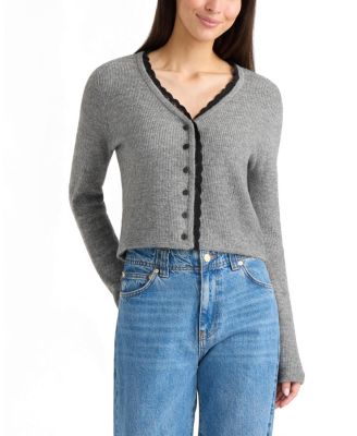 Women's Lace Trim V-Neckline Ribbed-Knit Cardigan
