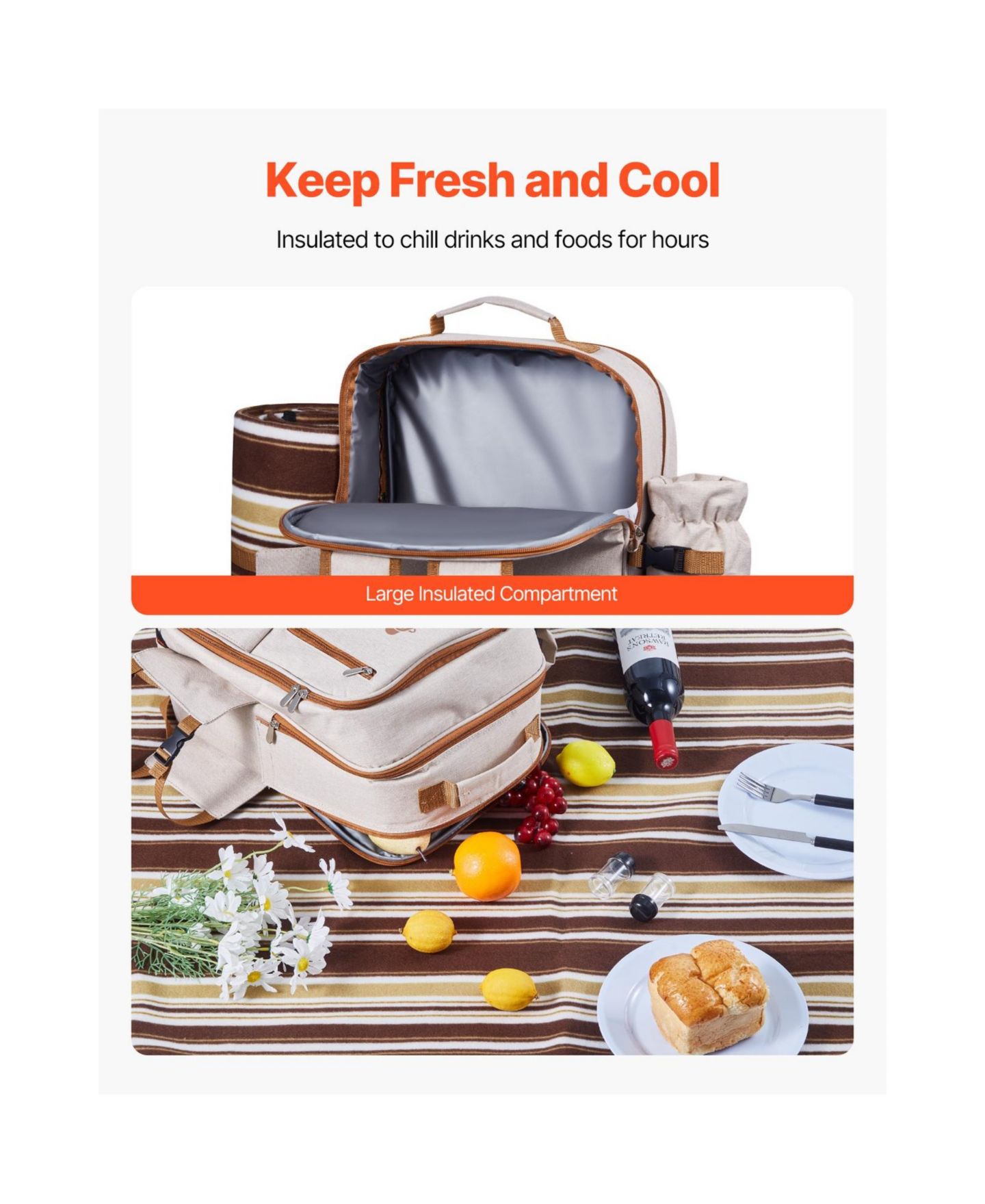 Женские сумки SEVORLEY Picnic Backpack for 4 with Insulated Cooler, Blanket, Plates and Cutlery Set, 20 L, цвет: Бежевый — фото 7