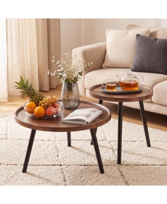 Round Nesting Coffee Table Set of 2, Wood and Metal, Raised-Edge Accent Table