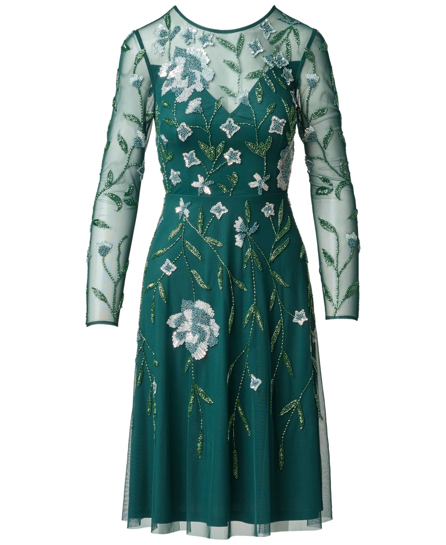 Женское платье Adrianna Papell Beaded-Sequin Floral-Print Long-Sleeve Midi, цвет: Зелёный — фото 5