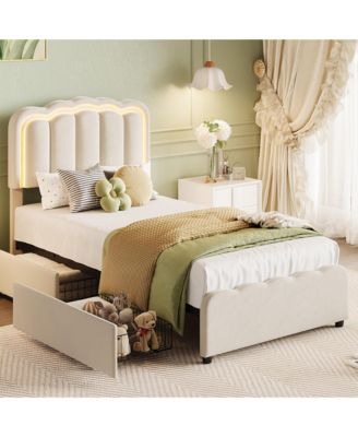 Twin Size Upholstered Platform Bed Frame with LED Lights, Adjustable Headboard, 2 Storage Drawers, No Box Spring Needed, Easy Assembly