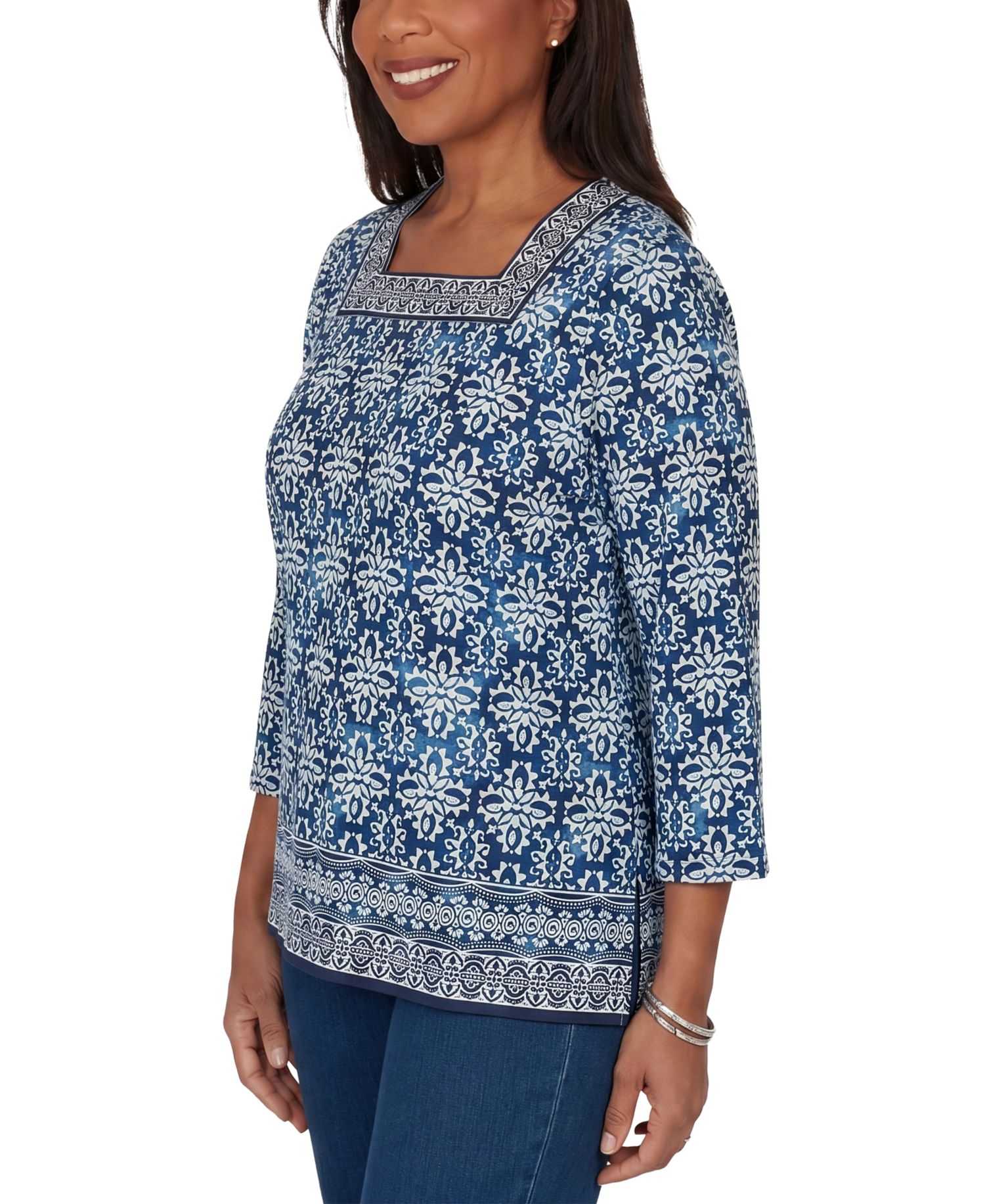 Women's Batik Square Neck 3/4 Sleeve Top