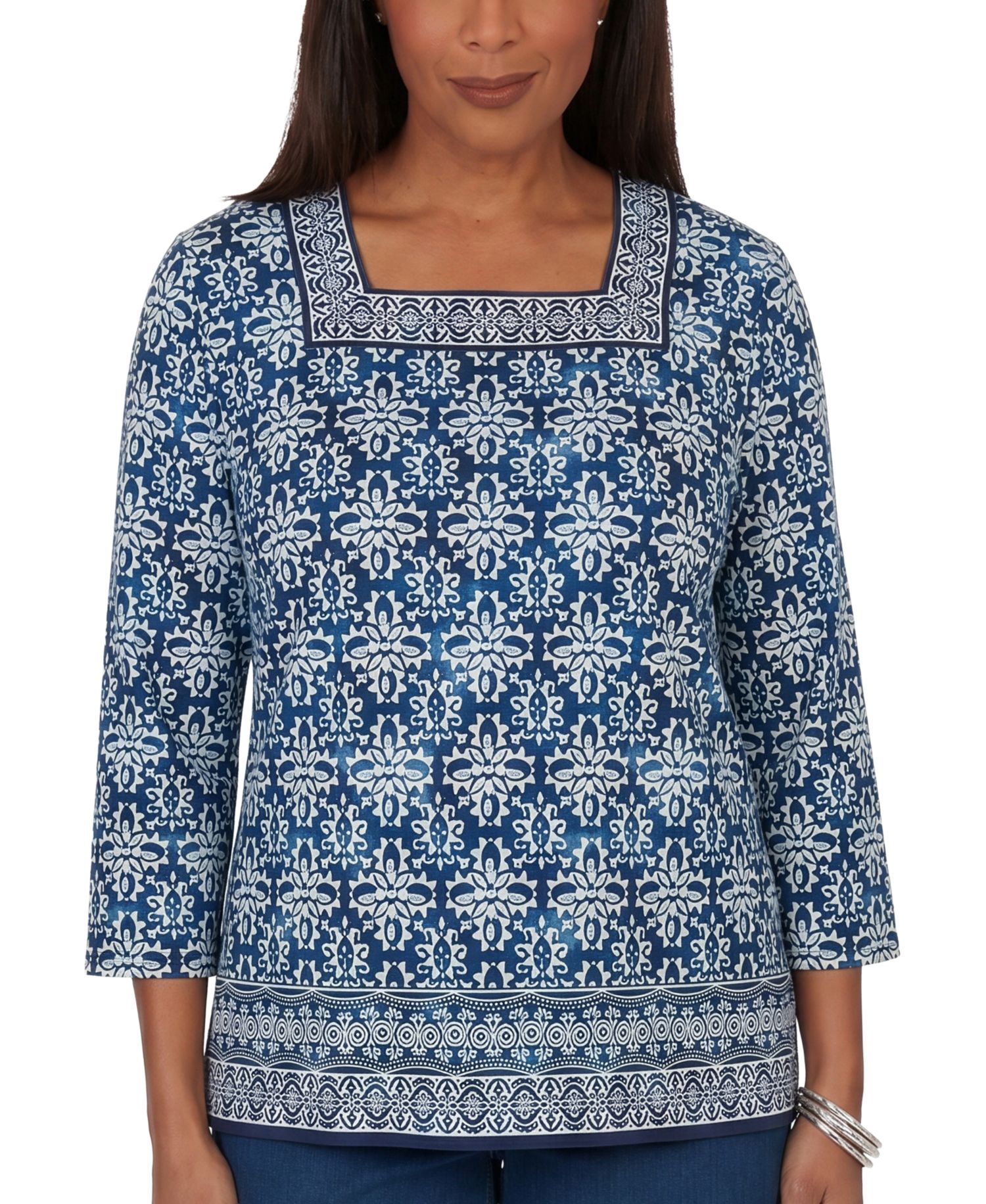 Women's Batik Square Neck 3/4 Sleeve Top