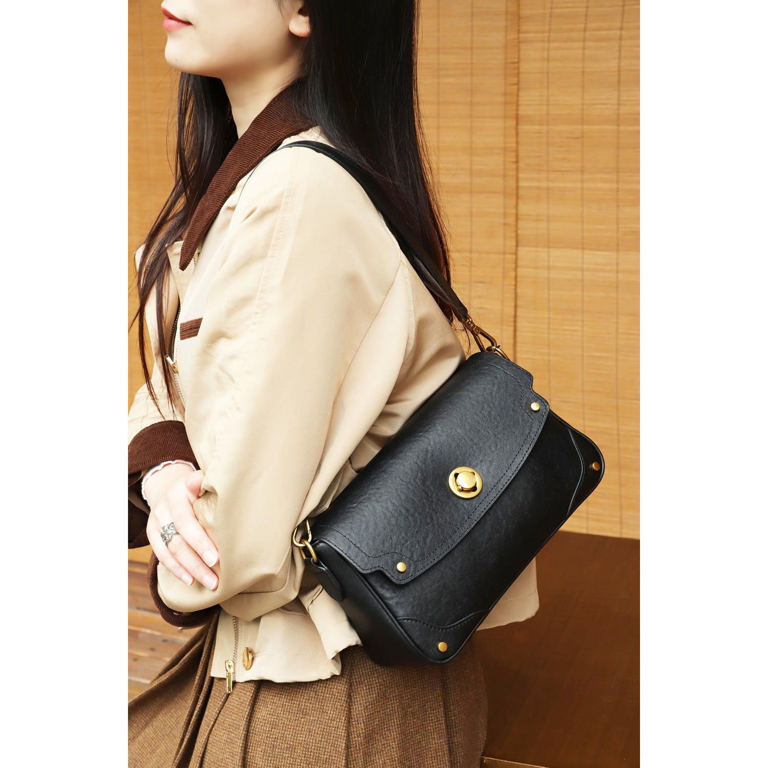 Women's Mila Leather Shoulder Bag Convertible Crossbody Purse with Gold Hardware