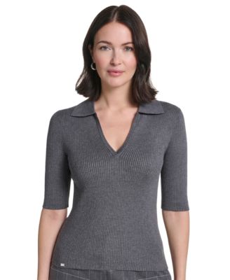 Women's Collared 3/4-Sleeve Ribbed-Knit Top