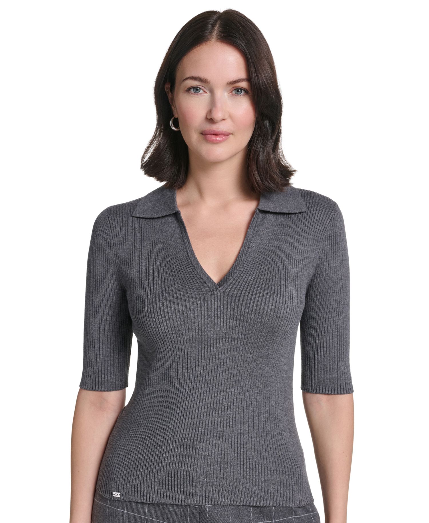 Women's Collared 3/4-Sleeve Ribbed-Knit Top