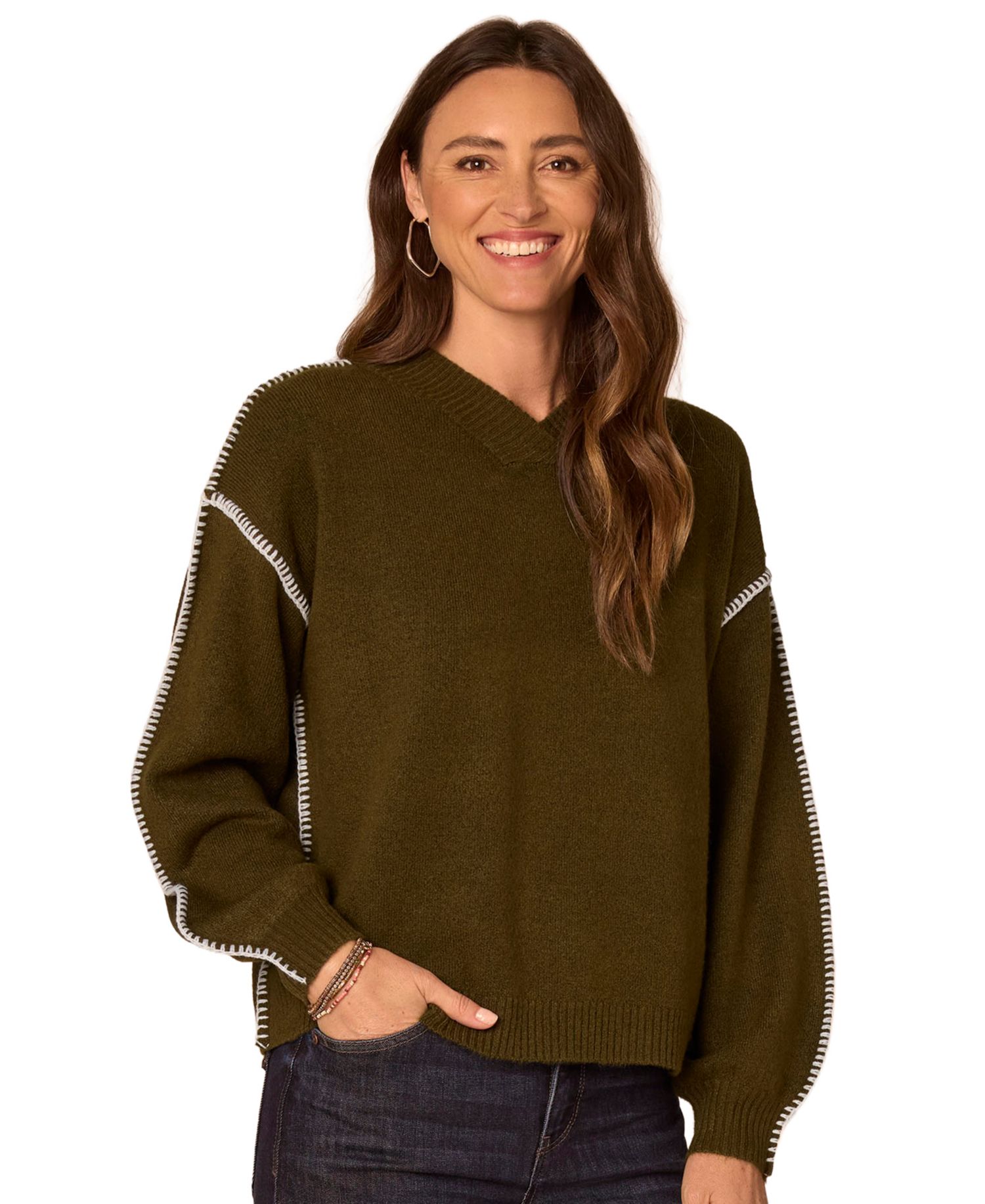 Petite Whip-Stitch Long-Blouson Sleeves V-Neck Pullover Sweater