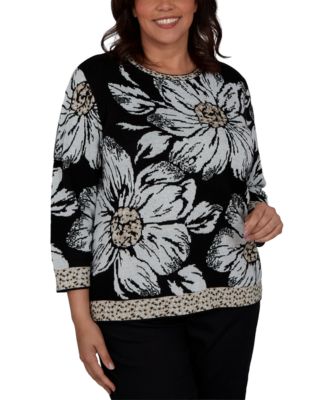 Plus Size Travel Advisory Floral 3/4-Sleeve Crewneck Sweater