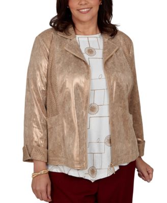 Plus Size Union Square Mixed Media Knit Back 3/4-Sleeve Zip-Front Jacket