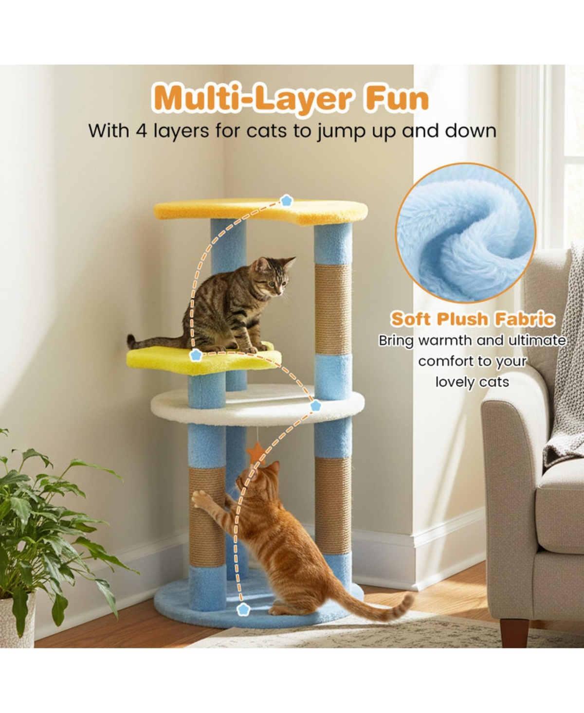 Hongge 29 Inch Modern Cat Tree with Star and Moon Platforms and Jute Scratching Posts