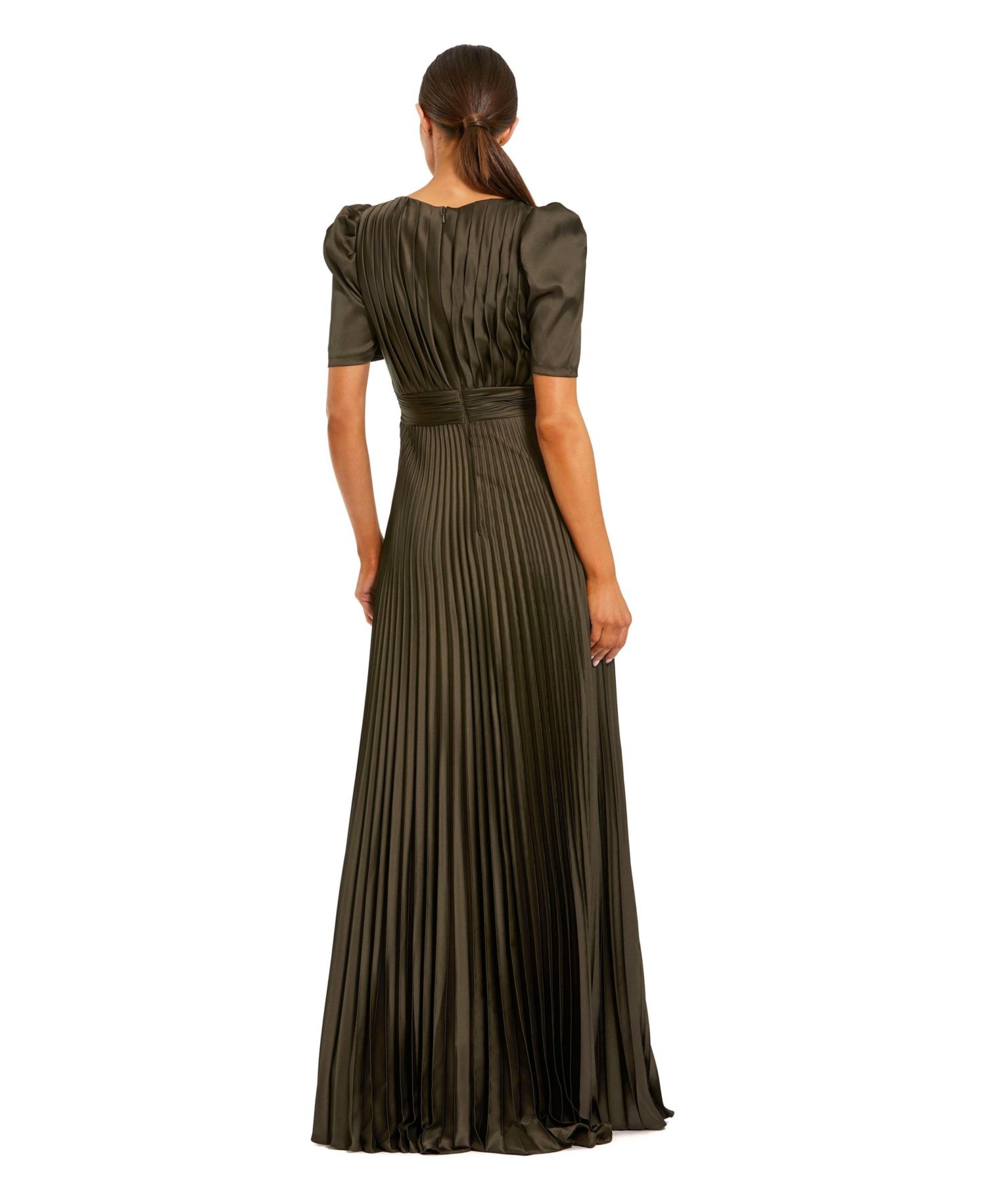 Petite Pleated Charmeuse Keyhole Puff Sleeve Evening Gown