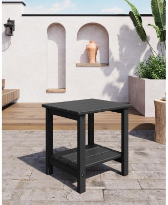 HDPE Outdoor Side Table – 2-Tier Weather and UV Resistant Patio End Table with Wood Grain, Easy Assembly for Backyard or Poolside