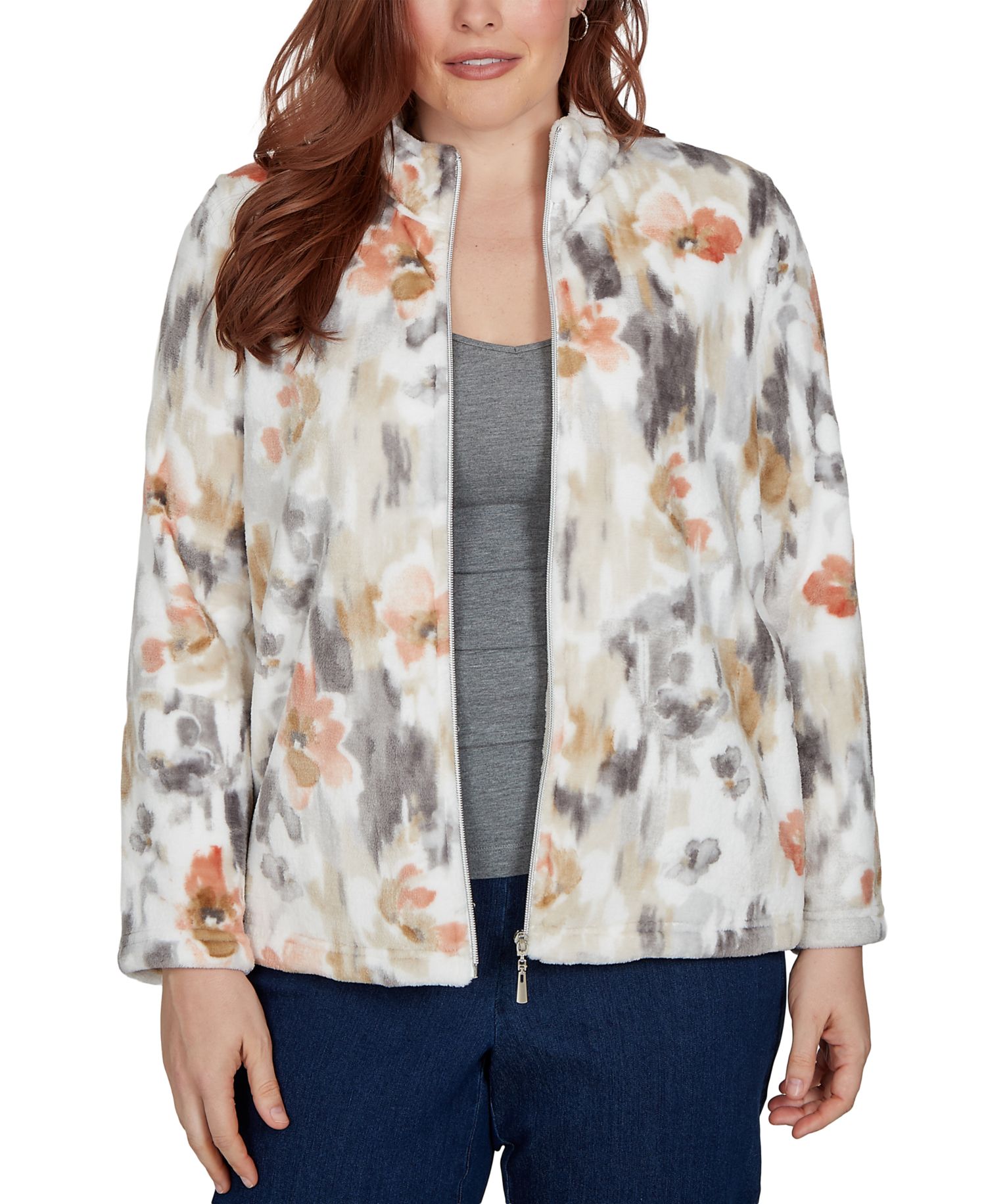 Petite Watercolor Floral Fleece Stand Collar Jacket