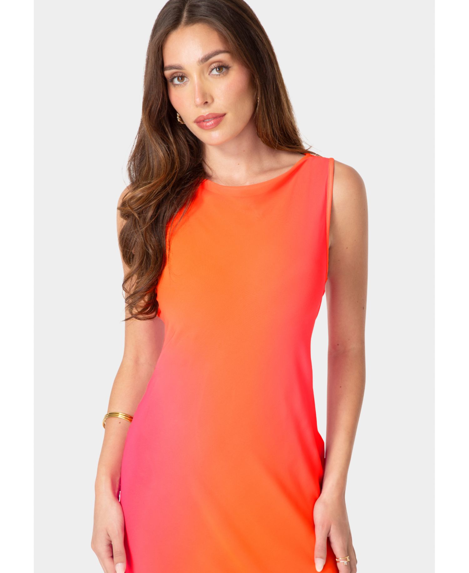 Women's Smudge Chiffon Gradient-Pattern Racer Neck Wedding Guest Maxi Dress