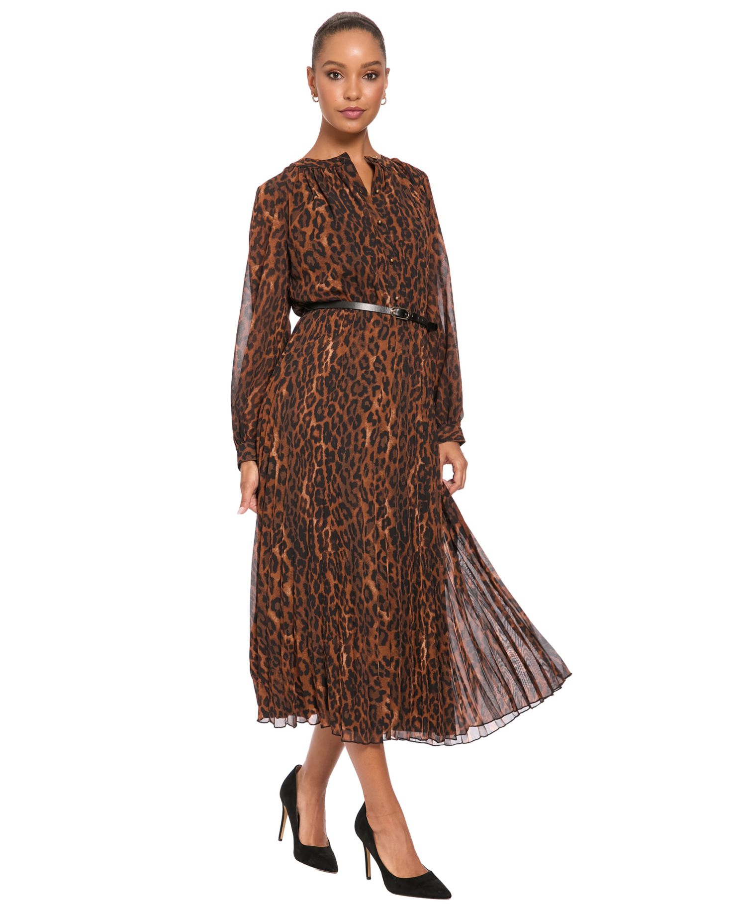 Petite Belted Pleated Skirt Chi Leopard-Print Long-Sleeve Dress