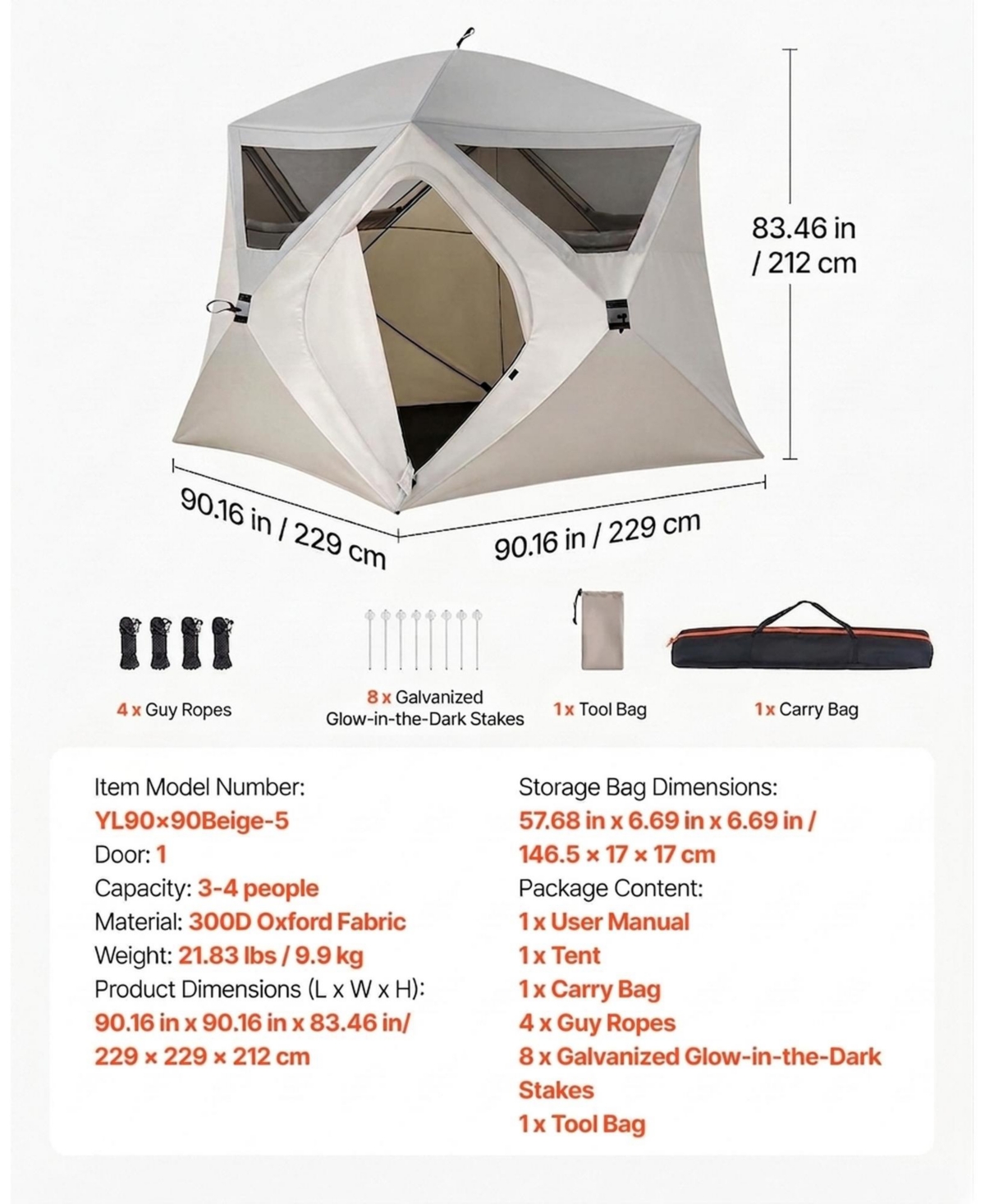 Sevorley 4-Person Pop-Up Instant Cabin Tent with Mesh Windows and Carry Bag