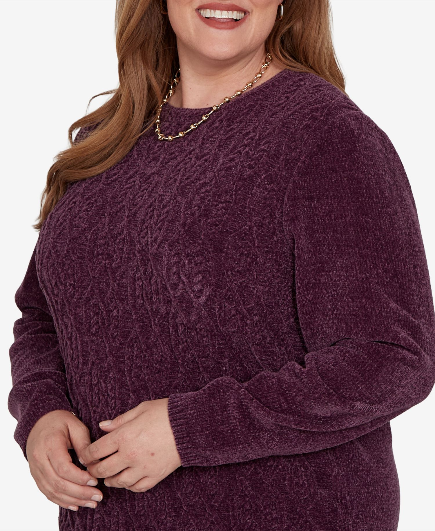 Plus Size Cable-Knit Chenille Crewneck Long-Sleeve Pullover Sweater
