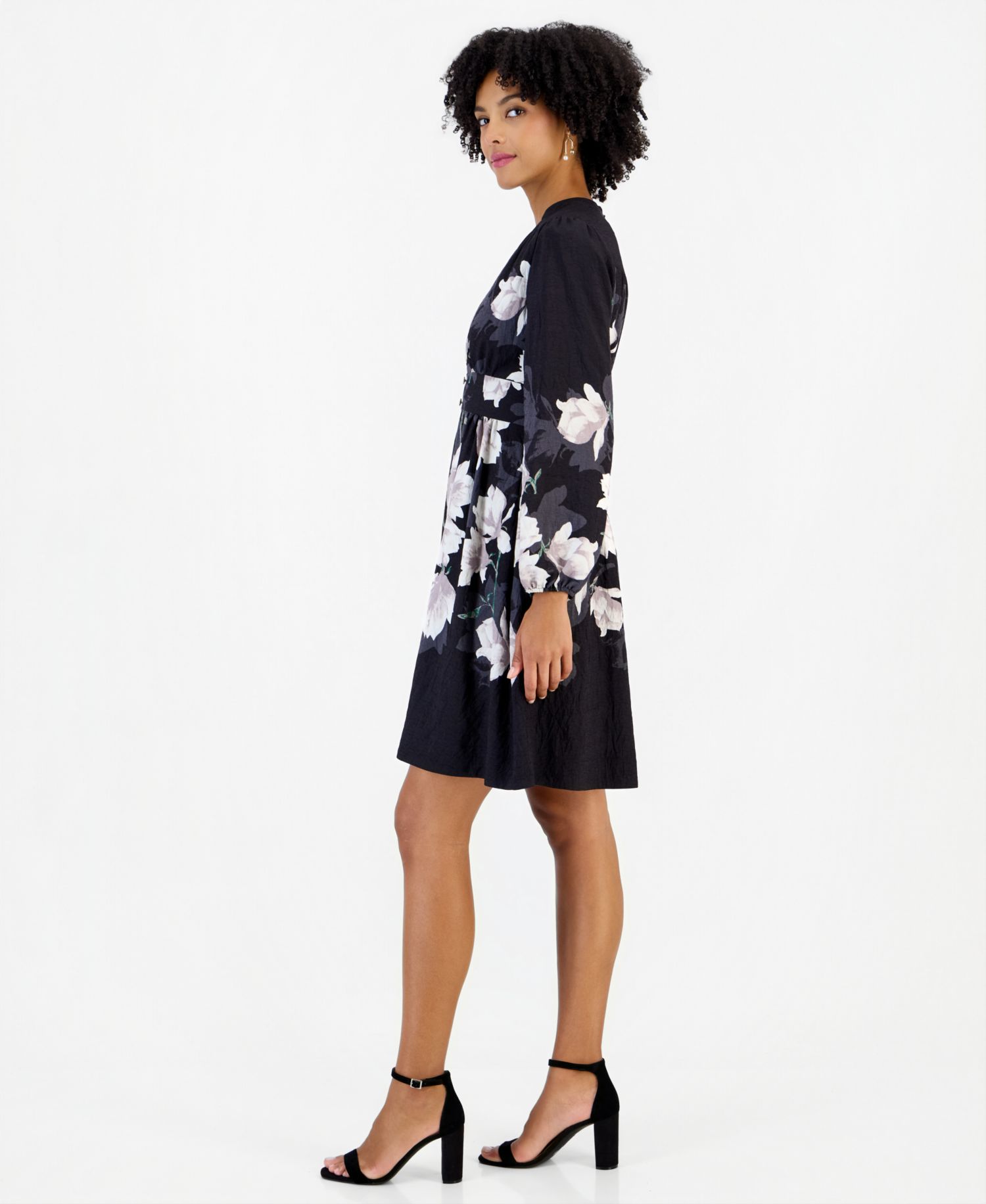 Women's Long-Sleeve V-Neck Floral-Print Shirt Dress