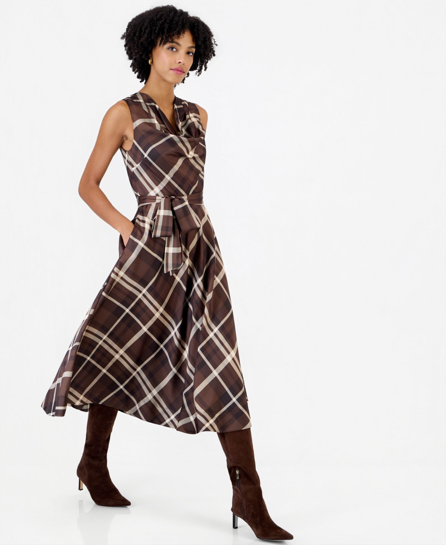 Women's Drape Neck Plaid Midi A-Line Dress