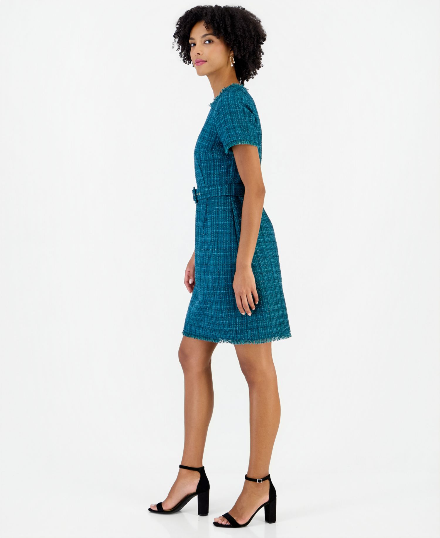 Women's Plaid Short-Sleeve Belted Dress
