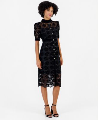 Women's Lace and Velvet Floral Midi Shirt Dress