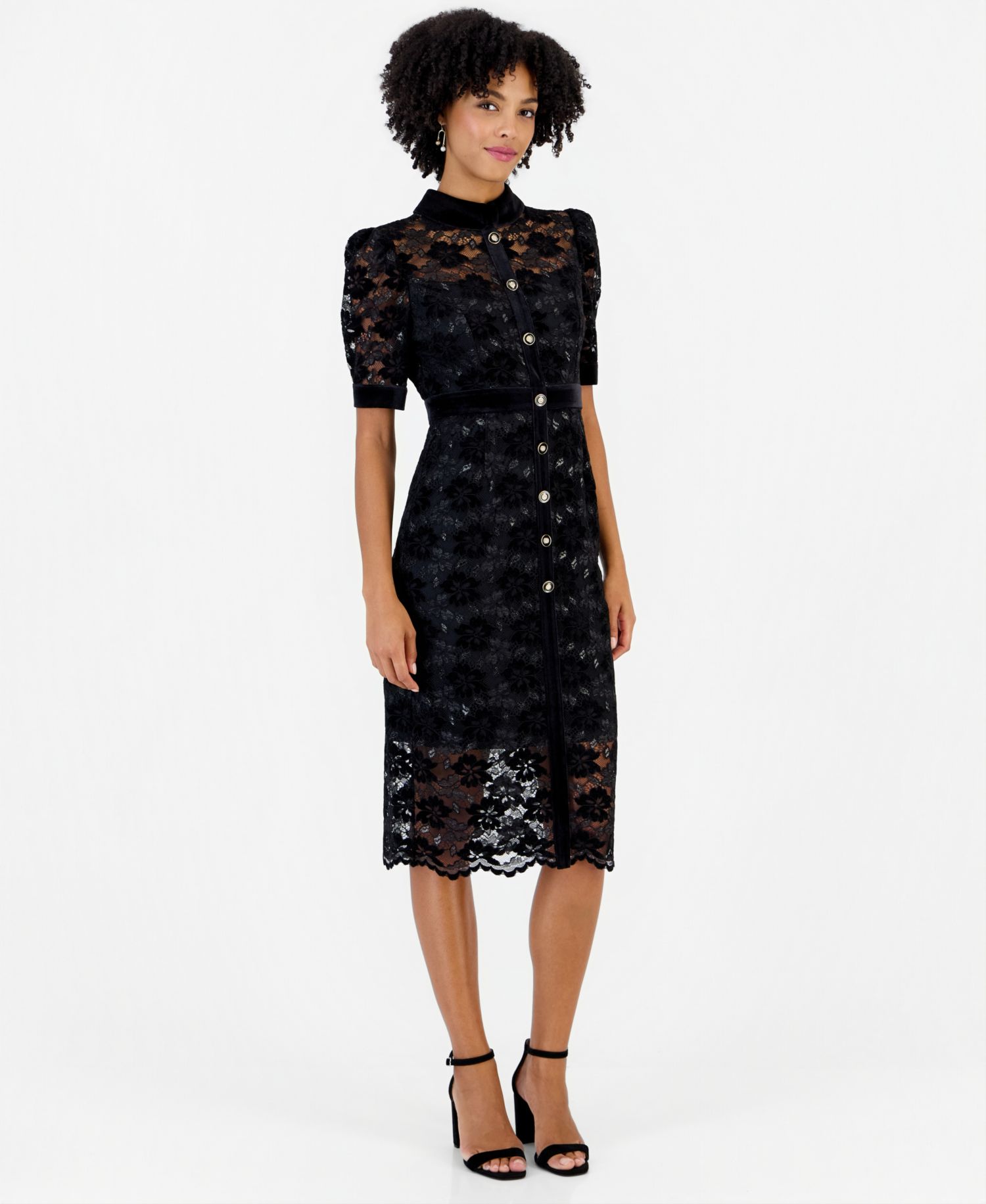 Women's Lace and Velvet Floral Midi Shirt Dress