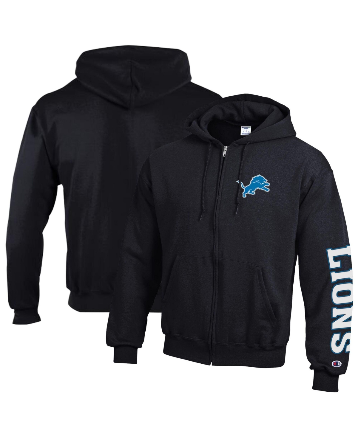 Champion Men's Black Detroit Lions Powerblend Fleece Full-Zip Hoodie