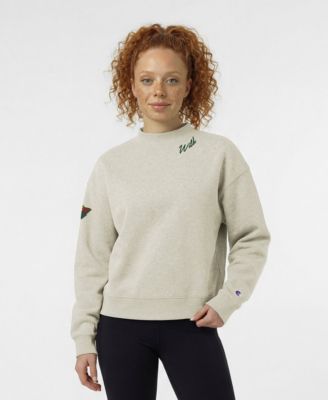 Women's Oatmeal Minnesota Wild Collar Script Triumph Fleece Crewneck Sweatshirt