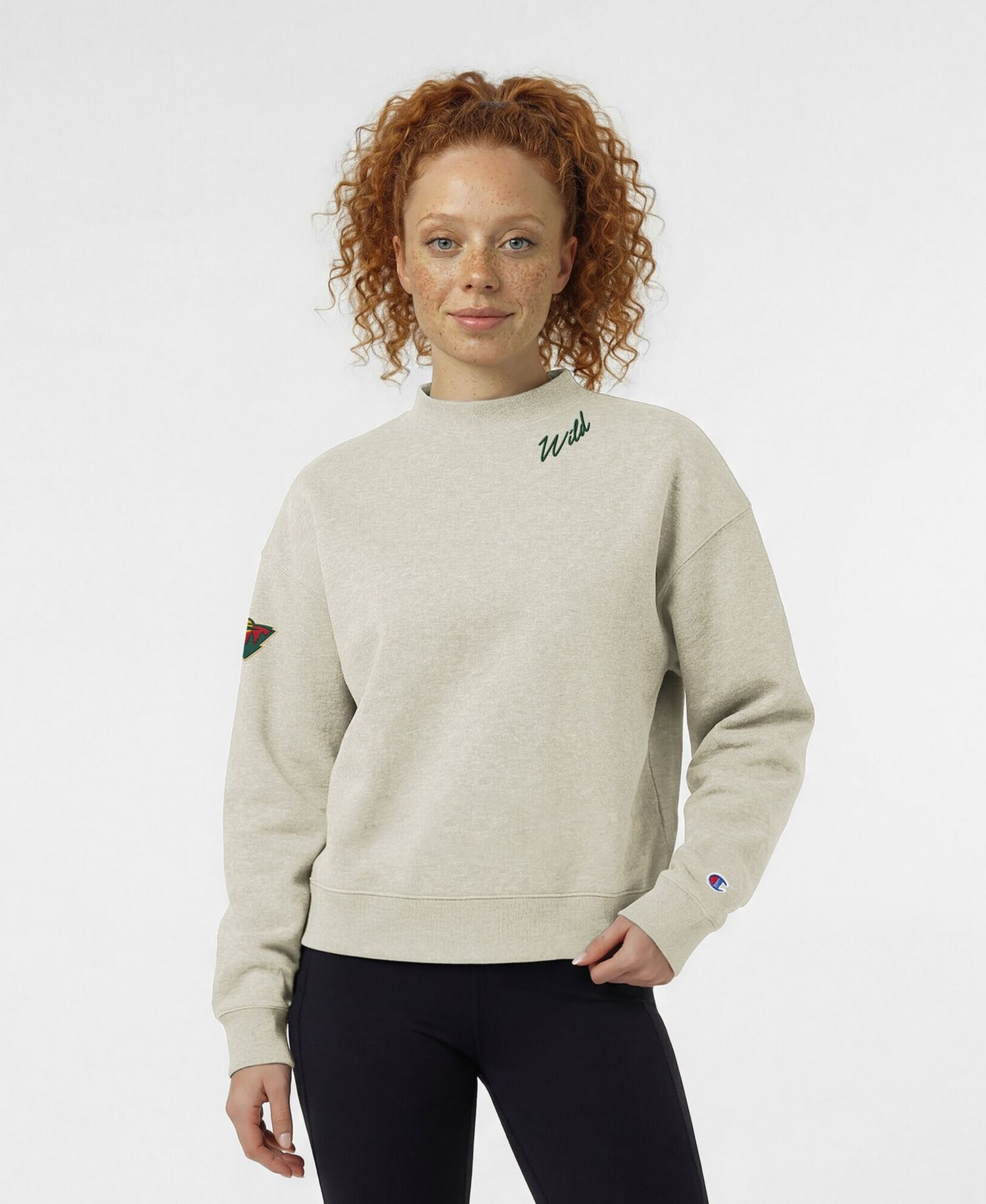 Women's Oatmeal Minnesota Wild Collar Script Triumph Fleece Crewneck Sweatshirt